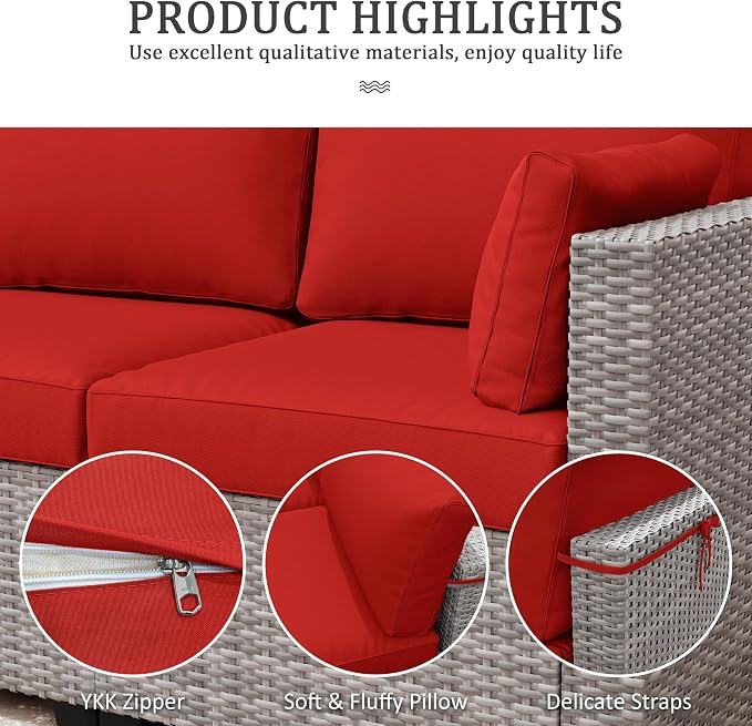 Outdoor Furniture Replacement Cushions, Waterproof Patio Furniture Cushions, 4" Deep Seat Outdoor Sectional Cushion for 3-Seat Outdoors Rattan Sofa Patio Sofa Cushion, Red