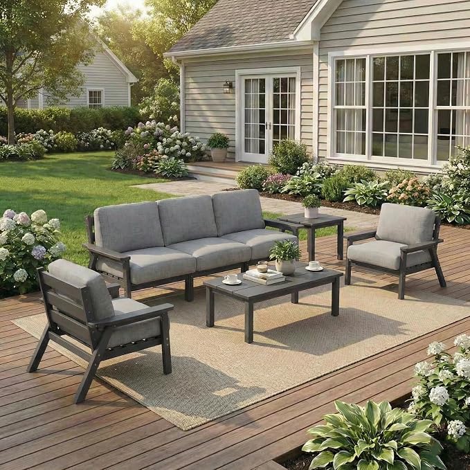 Kingdura HDPE Patio Furniture Set, 7 Piece Outdoor Sectional Sofa with Coffee Table & Side Table, All Weather Outdoor Couch Conversation Set with Washable Cushions for Backyard Poolside Balcony