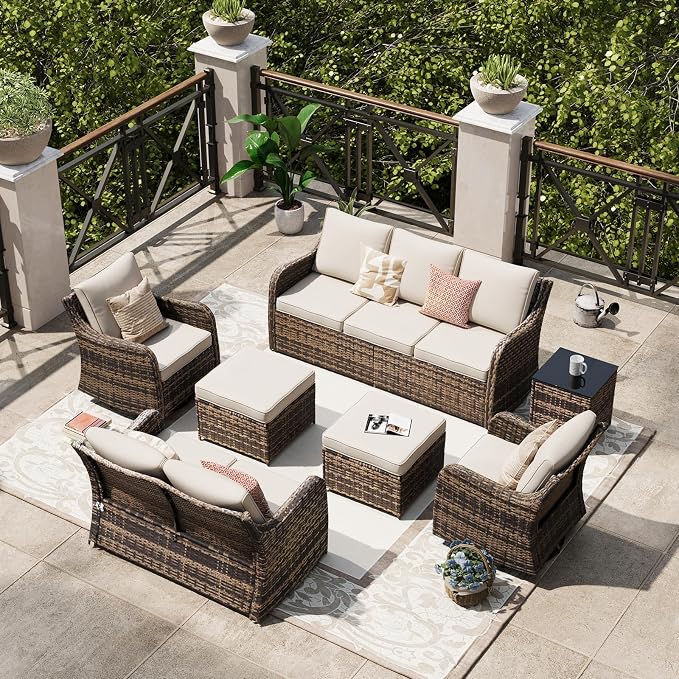 MEISSALIVVE 7 Pieces Patio Furniture Set with Swivel Chair, Wicker Patio Sofa, Rattan Conversation Set with Three-seat Sofa, 2 Ottomans and Loveseat for Lawn Backyard (Brown)