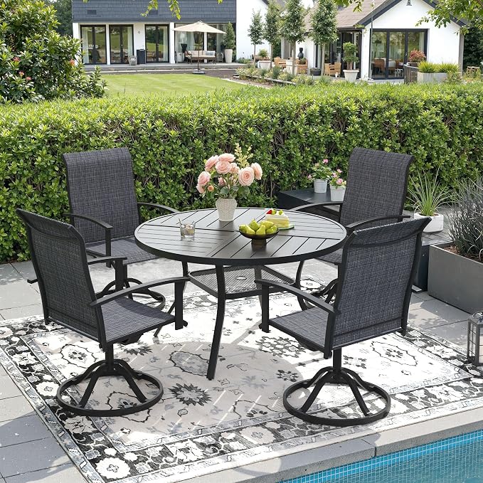DIFY 5 Pieces Outdoor Dining Set, Metal Patio Table and Chairs Set for 4 with Umbrella Hole, 40.6" Black Round Table and Dark Grey Textilene Swivel Patio Chairs for Garden, Backyard, Poolside