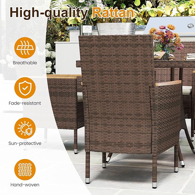 Wisteria Lane Patio Dining Sets for 4, All Weather Rattan Outdoor Table and Chairs with Acacia Wood Tabletop, Patio Dining Furniture with Removable Cushions for Deck Garden, Backyard, Brown