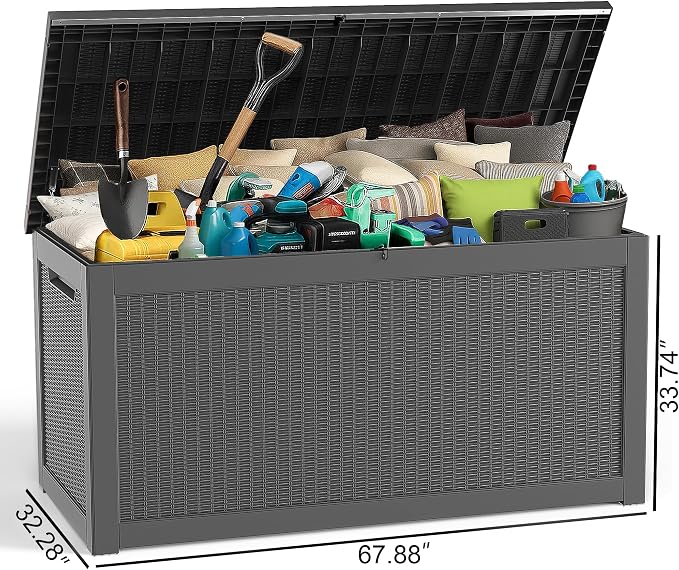 ROJIK Outdoor Storage Housing Deck Box - Waterproof Patio Furniture, Garden Tools, Cushions, Pool Accessories Storage Bench with Lockable Lid and Side Handles (Black, 315 Gal)