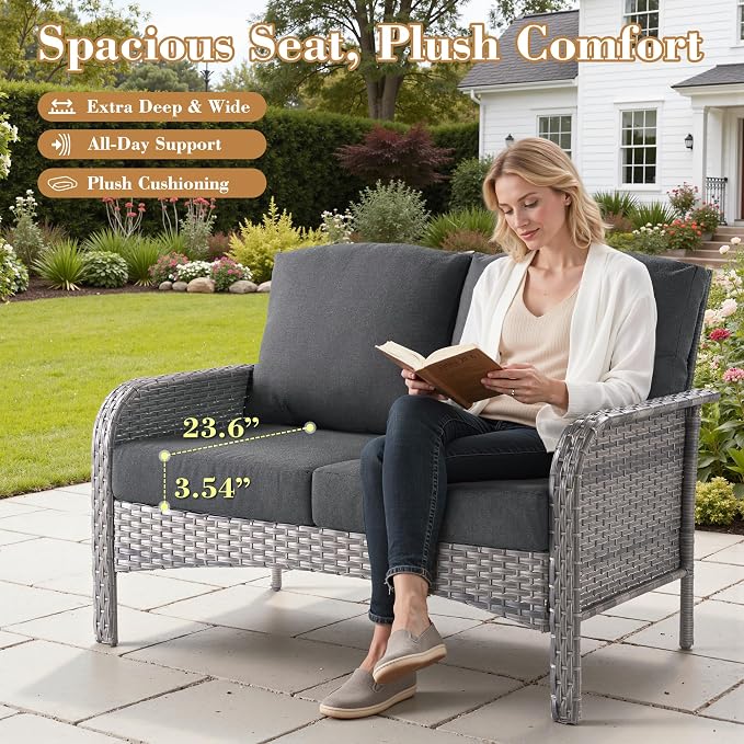 4 Pieces Patio Furniture Set, Small Outdoor Patio Set with Coffee Table, All-Weather Rattan Wicker High Back Conversation Set Loveseat with Chairs for Porch, Backyard, Balcony, Black