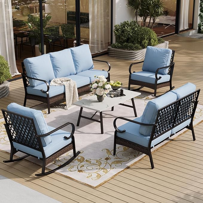 SUNSHINE VALLEY 5 Piece Metal Outdoor Patio Furniture Set, Patio Conversation Sets 3-Seater Sofa, 2-Seater Sofa, 2 Rocking Sofa with 5.75" Thick Cushion & Coffee Table Black Backyard Furniture, Blue