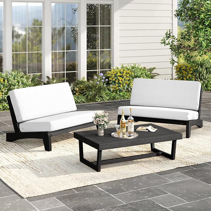 Black Wood Patio Furniture Sets, 3 Pieces All Weather Patio Loveseat Sofa Outdoor Sectional Futniture Backyard Conversation Set with Solid Wooden Coffee Table - Beige