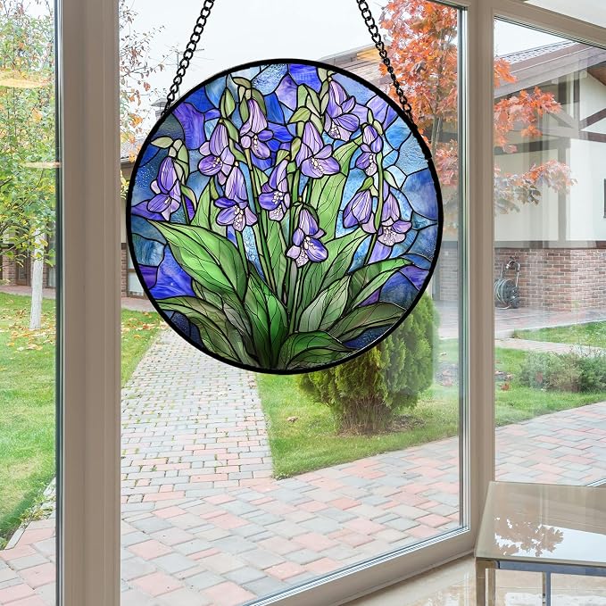 Stained Glass Suncatcher, Blue Purple Flowers Green Leaves Sun Catcher Plants Stain Glass Window Hanging Decoration Mother's Day Birthday Gifts for Women Men Mom and Nana 11.8 in