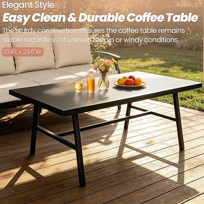 Metal Patio Furniture Set, 4 Piece Outdoor Sectional Conversation Sofa Set, 3-Seat Sofa w/2 Single Sofas and Coffee Table, Garden, Porch, Balcony, Deck, Navy Blue