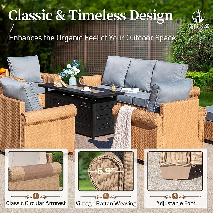 HERA'S HOUSE Patio Furniture Set, 4 x Cushioned Chairs, 3-Seat Sofa with Wood Grain Coffee Table, 5 Seats Luxury Windsor Style All Weahter Outdoor Sofa Conversation Set for Deck Lawn Backyard