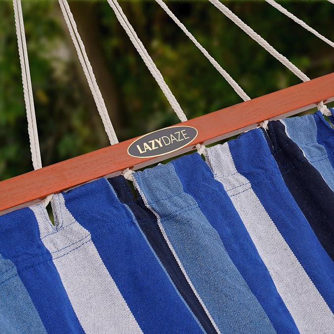 Lazy Daze Hammocks Cotton Fabric Spreader Bar Hammock and 10.5 Ft Wood Arc Hammock Stand Combo, for Indoor, Outdoor,Patio, Backyard, Blue and Cyan