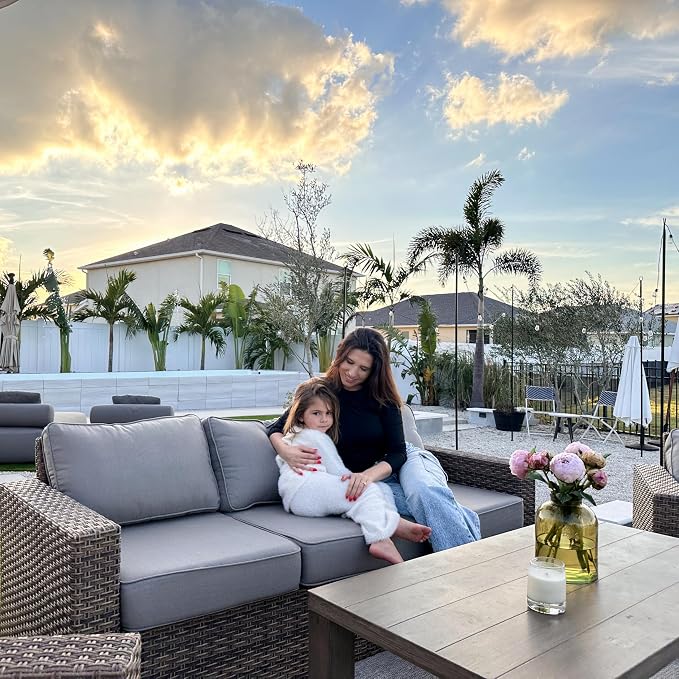 SUNSHINE VALLEY Swivel Glider 6 Piece Outdoor Furniture Set with Swivel Chairs, Wicker Patio Furniture with 4.92" Wide Armrest, 26.3" Deep Seating and 5.5" Thick Cushions, Grey