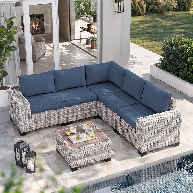 6-Piece Outdoor Patio Furniture Set Wicker Rattan Sectional Sofa Set, Patio Conversation Set with Thickened Cushions & Chunky Arms Coffee Table for Garden, Backyard, Navy Blue