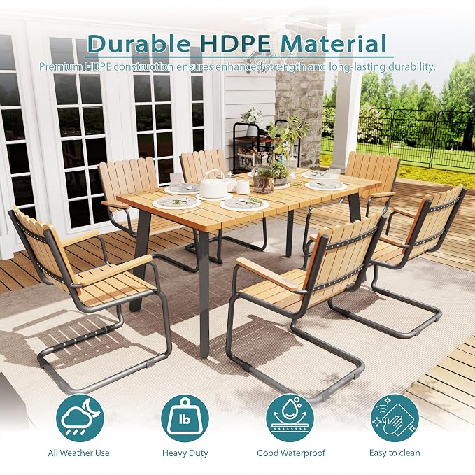 7 Piece Outdoor Conversation Set for 6, HDPE Patio Seating Set with Table and Chairs, All-Weather Outdoor Lounge Furniture with Umbrella Hole for Garden, Porch, Poolside, Gray & Teak