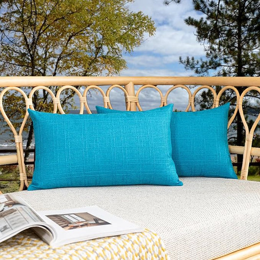 Kevin Textile Outdoor Waterproof 12”x24” Pillow Covers 2 Pack, Peacock Blue | Water Resistant, Soft Faux Linen-cotton Yarn-dyed Woven Texture Throw Pillow Covers for Tent Patio Garden Couch Sofa
