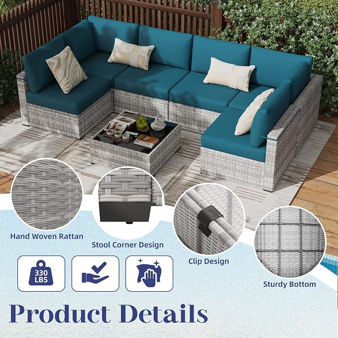 KIGOTY Patio Furniture Set,7 Pieces Modular Outdoor Sectional Sofa, PE Rattan Patio Conversation Set, All Weather Wicker Patio Furniture with Cushions and Coffee Table（Grey White/Peacock Blue）