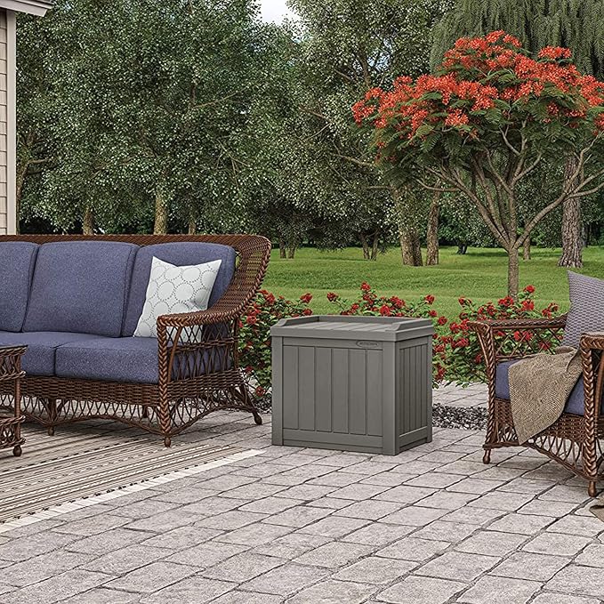 Suncast 22 gallon Indoor/Outdoor Backyard Patio Small Storage Deck Box with Attractive Bench Seat and Reinforced Lid, Stone (3 Pack)