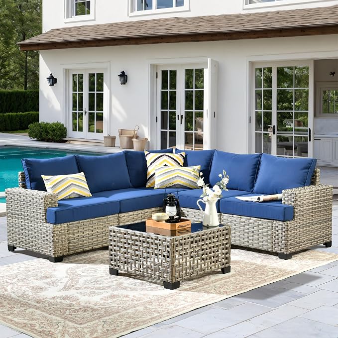 6 Pcs Outdoor Sectional Patio Furniture Set - All Weather Wicker Modular L Shaped Outside Sectional Sofa Couch,Patio Seating Outdoor Conversation Sets for Deck Yard Garden,Navy Blue