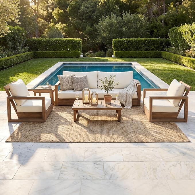 Christopher Knight Home 5-Piece Patio Furniture Set, Acacia Wood Outdoor Patio Sofa Set with 2 Swivel Rocking Chairs, 3-Seater Couch, Coffee Table & Side Table, Deep Seat Patio Conversation Set, Brown