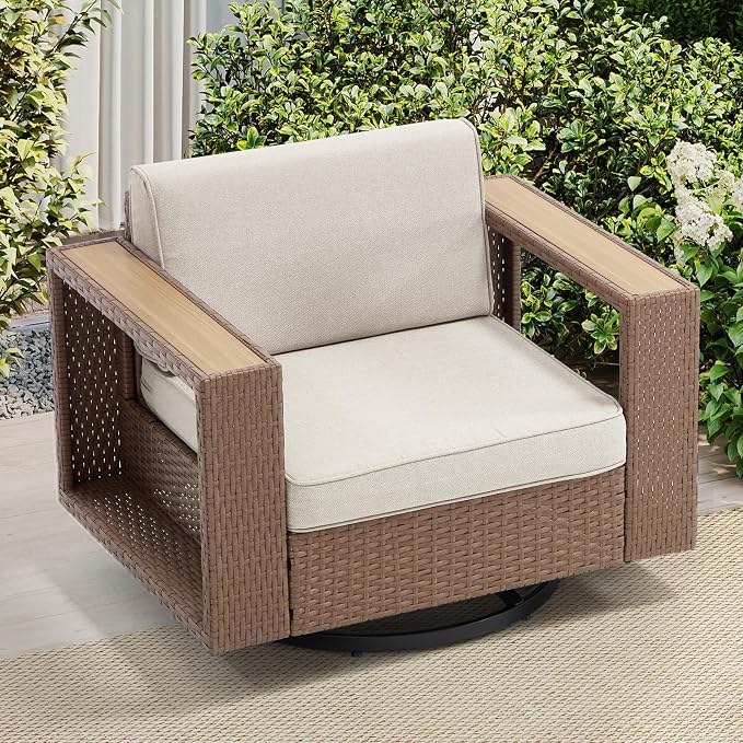 Bonzy Home Wicker Patio Chair, 360° Swivel Rattan Outdoor Patio Chairs with Extra-Thick Soft Cushions and Widened Armrest for Porch, Garden Poolside Balcony