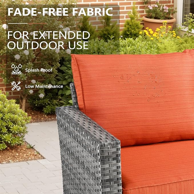 CAODOC 7 Pieces Outdoor Wicker Patio Set with 7 Seats, Including 53" Fire Pit - Swivel Rocker Chairs and Conversation Set for Backyard or Lawn, Gray Rattan with Waterproof Red Cushions