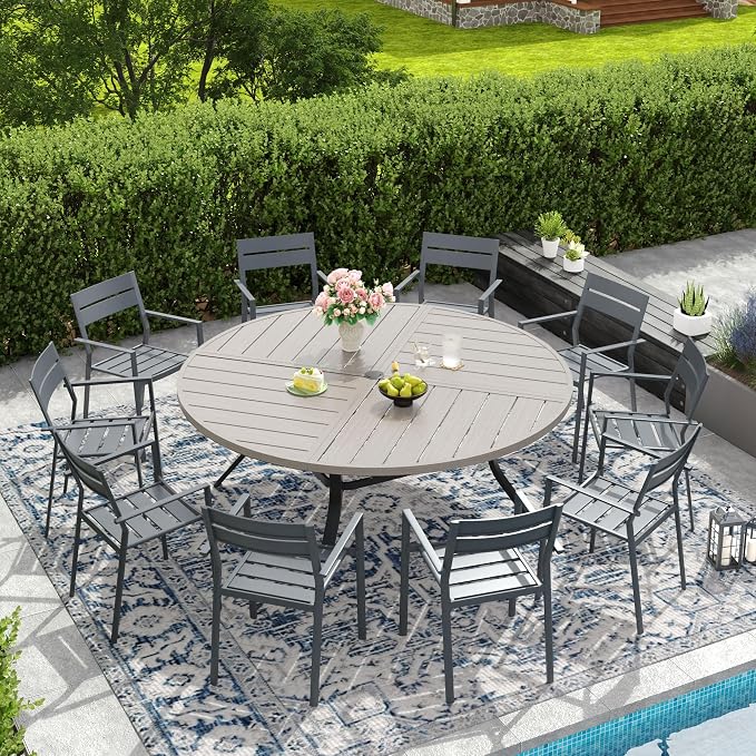DIFY 11 Piece Outdoor Patio Dining Set for 10, 63" Round Dining Table with Umbrella Hole and Stackable Metal Chairs, Patio Table and Chairs Set for Backyard Garden Poolside, Grey Wood-Like & Grey