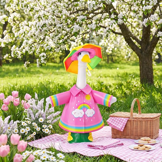 DECOHS 3 Pcs/Set Raincoat Porch Goose Outfits, Summer Lawn Goose Statue Raincoat Costume, Yard Goose Clothes Raincoats Umbrella Hat Outfit for 23" Statue Patio Garden Decoration (Rosy Rainbow)
