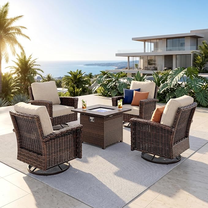 Patio Furniture Set with Swivel Chairs, High Back Wicker Rattan Furniture with 5.5" Thick Cushions & Fire Pit Table, All Weather Outdoor Conversation Set for Backyard Deck,4 Seats, Beige