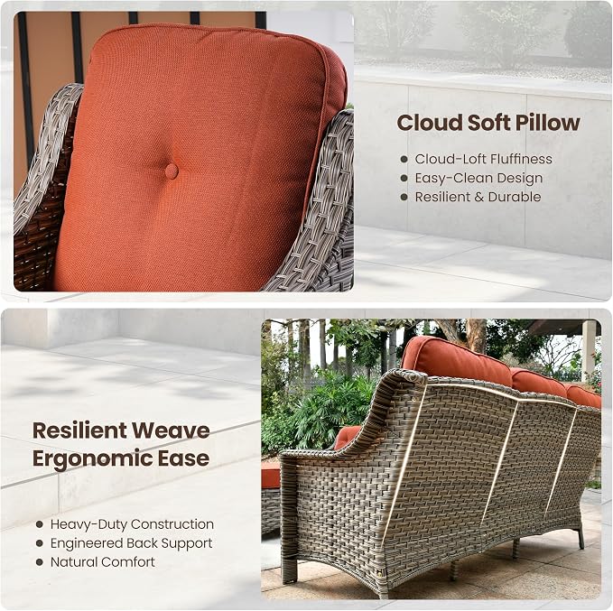 4 Piece Outdoor Patio Furniture Set, All Weather Waterproof Wicker High Back Conversation Set, Two Single Chairs, Solar Light Coffee Table, Outside Furniture for Porch Balcony, Orange
