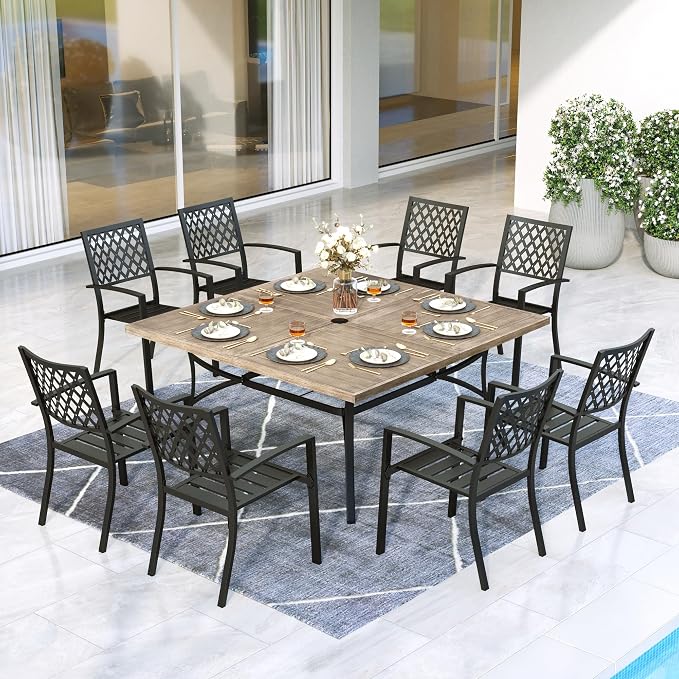 MFSTUDIO Patio Dining Set for 8, Metal Patio Table and Chairs Set, Outdoor Dining Set with Umbrella Hole, 9 Piece Outdoor Patio Furniture Set for Deck Backyard Poolside Garden