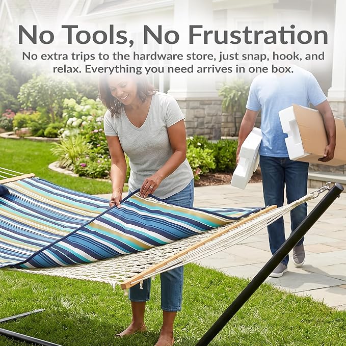 Sunnydaze Rope Double Hammock with Stand for Outside - Heavy Duty Freestanding Portable Outdoor Hammock Set with Quilted Pad, Pillow, and 12-Foot Steel Frame - 450 lb Capacity - Lakeview
