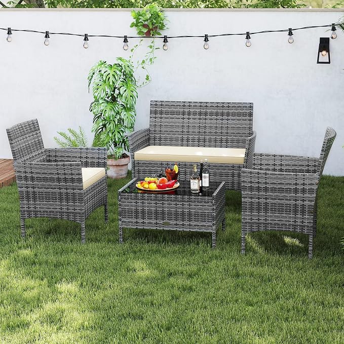 Tangkula 4 Pieces Patio Rattan Conversation Set, Outdoor Wicker Furniture Set with Cushioned Chair, Loveseat & Tempered Glass Table, Outside Sectional Sofa Set for Backyard (G-Beige,1)