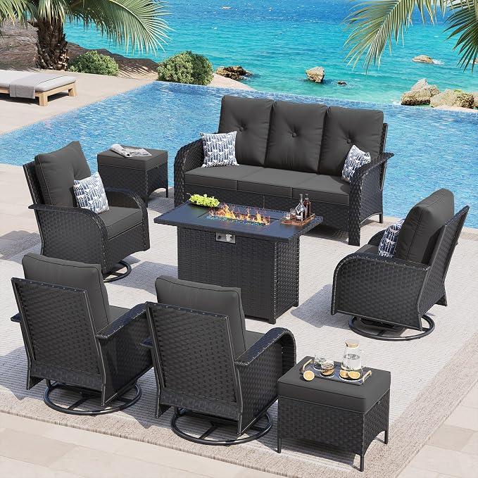 UDPATIO Patio Furniture Set with 44" Fire Pit Table, High Back 4 Swivel Rocker Chairs, Wicker Outdoor Conversation Sets with Thick Cushions & Ottoman, for Garden, Porch