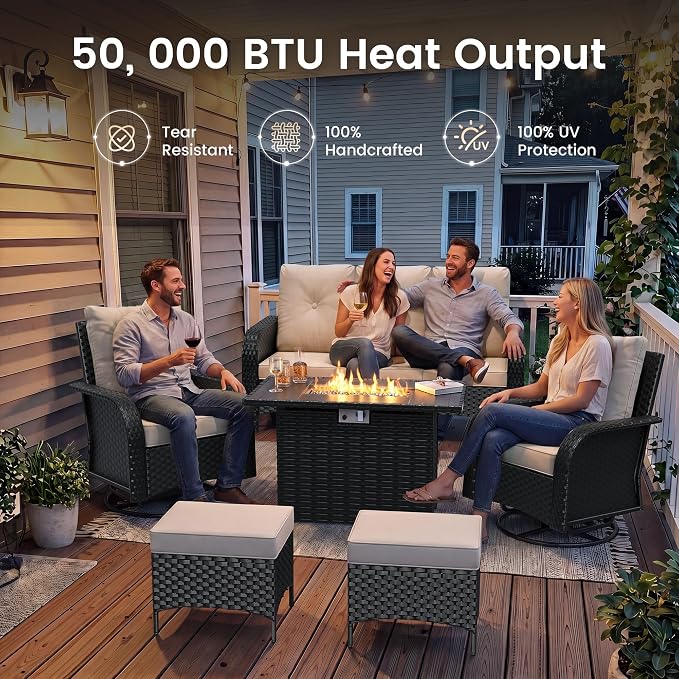 UDPATIO Patio Furniture Set with 44" Fire Pit Table, High Back 2 Swivel Rocker Chairs, Wicker Outdoor Conversation Sets with Thick Cushions & Ottoman, for Garden, Porch