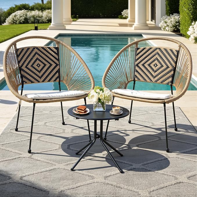 3-Piece Outdoor Patio Bistro Set, Wicker Chairs with Cushions, PE Rattan All-Weather Conversation Set with Coffee Table for Balcony, Porch, Backyard, Poolside, Garden, Deck, Black