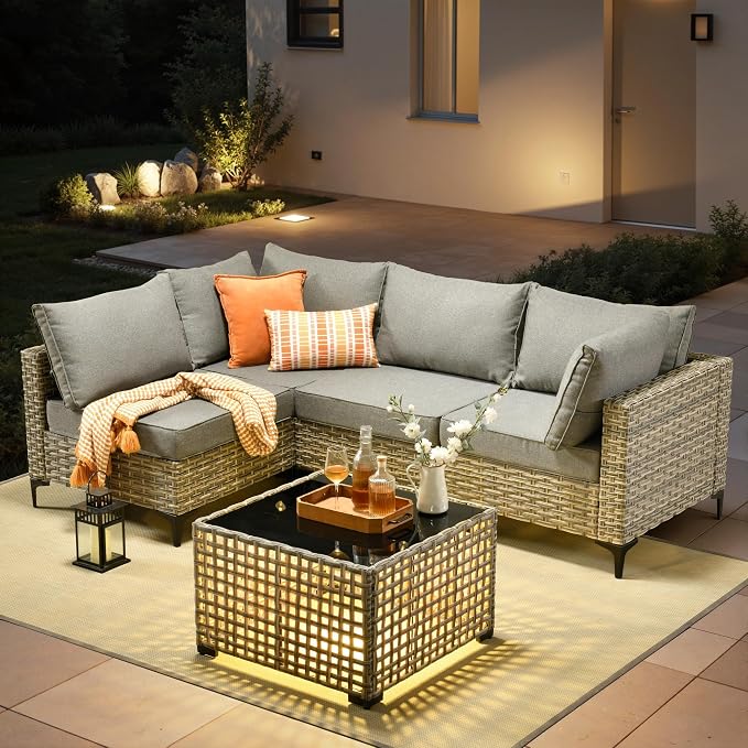 5 Pieces Patio Furniture Set with Solar Light Coffee Table, All-Weather Wicker Outdoor Sectional Conversation Sets L Shaped Sofas for Outside Porch Balcony Backyard Dark Grey