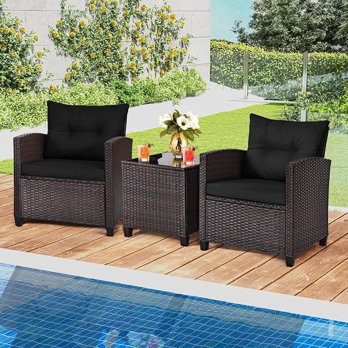 3-Pieces Patio Furniture Set, PE Wicker Chairs Sofa Set with Removable Cushions & Glass Top Side Table, Outdoor Wicker Rattan Conversation Chair for Porch,Backyard, Balcony (Black)