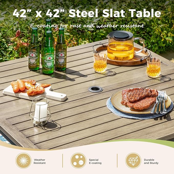 MIXPATIO 5 Piece Patio Dining Set, 4 x Textilene Dining Chairs, 42" Square Outdoor Dining Table with 1.57" Umbrella Hole, for Garden Lawn Porch and Backyard Poolside, Grey