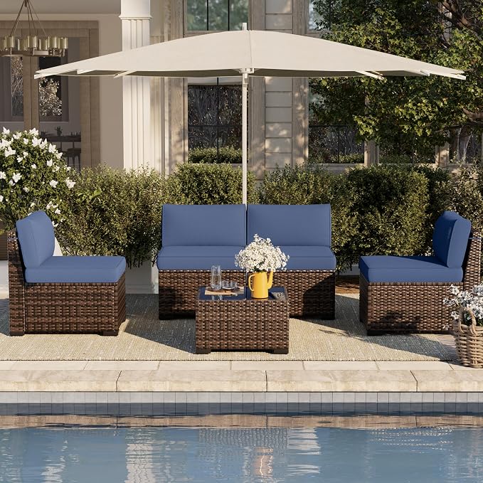 Patio Furniture Set, 5 Pieces Outdoor Sectional Sofa Set, PE Wicker Rattan Slanted Back Outdoor Conversation Set with Cushions and Glass Coffee Table, Navy Blue