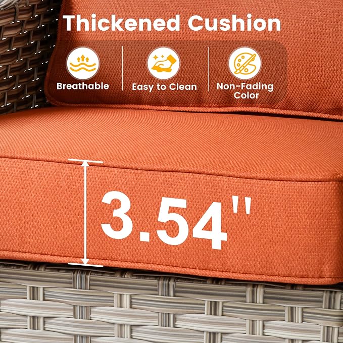 3 Pieces Patio Sectional Furniture Set, Outdoor Wicker Sectional Couch with Solar Lights Table, Modern Conversation Set for Porch Balcony Backyard, Red