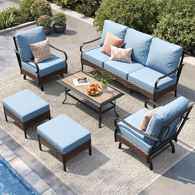 PHI VILLA Patio Furniture Set, Upgraded Wicker & Metal Modern Outdoor Conversation Sets Patio Sectional Rocking Chair Set with Coffee Table & Waterproof Thick Cushions for Porch, Deck(6 Pieces, Blue)