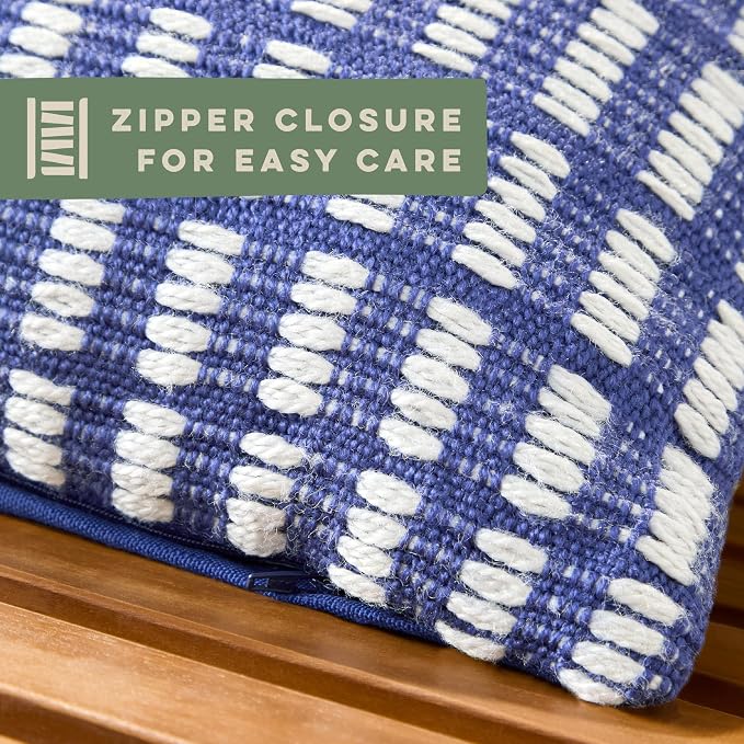 TOWN & COUNTRY TERRA Alara Textured Geo Stripe Handcrafted Indoor Outdoor Decorative Pillow, 100% Recycled Materials, UV Fade Resistant, Water Repellent, Blue/Ivory, 20"x20"