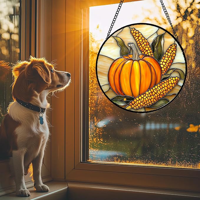 DASTOLL Stained Glass Window Hanging Autumn Harvest Pumpkin Corn Large 11.8" - Suncatcher Door Garden Kitchen Sunroom Sun Catcher Fall Home Decor Birthday for Mom Grandma Men Woman