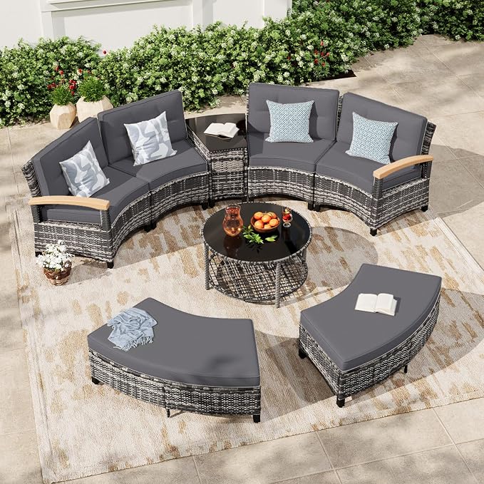 MEISSALIVVE 8-Piece Half-Moon Curved Outdoor Patio Furniture Set, Sectional Conversation Sofa with 2 Half-Moon Ottomans, Coffee & Side Tables for Backyard Deck Garden, Grey
