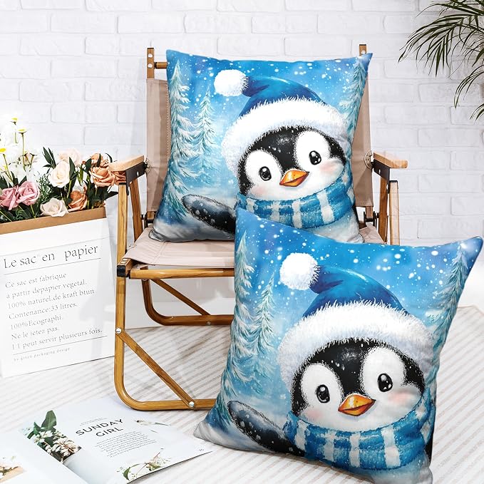 Penguin Pillow Case 24x24 Set of 2 Winter Decorative Pillow Covers Blue Winter Cotton Linen Throw Pillow Covers for Holiday Decorations Couch Outdoor Living Room