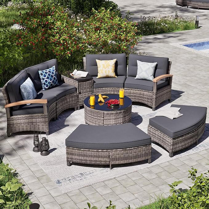 MEISSALIVVE 8 Piece Outdoor Patio Furniture Set, Half-Moon Curved Sectional Set with Wood Armrests, Patio Conversation Set for Porch,Deck,Balcony (Grey)