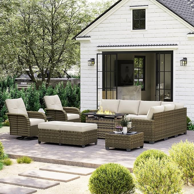 LazySunsets Luxury Patio Furniture Set with Fire Pit Table, All-Weather Patio Sectional Sofas with Thickened Cushions, 13 Piece Outdoor Furniture Set with Swivel Rocker Chairs & Ottomans, Beige