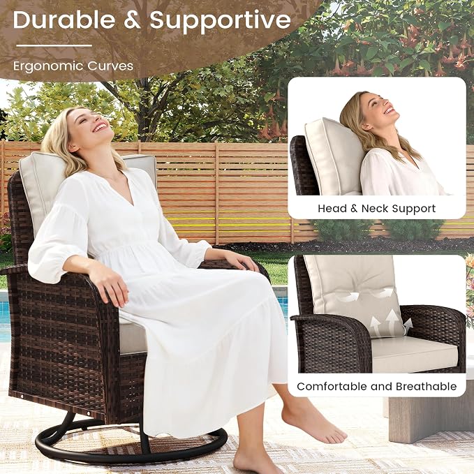 Kromax Outdoor Patio Furniture Set, All-Weather Wicker Swivel Glider Chairs Set of 2 with Coffee Table Table & Thick Machine Washable Cushions for Backyard, Garden, Porch, Brown/Beige