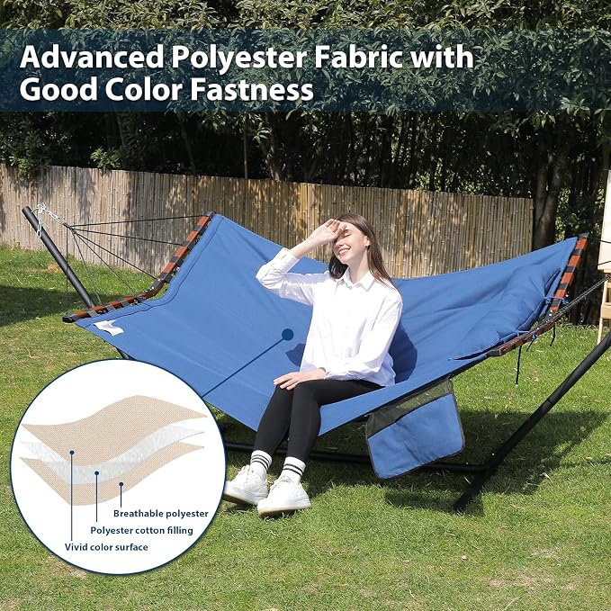 TegerDeger 12FT 2 Person Hammock with Stand Included 55 x 79IN Large Hammock 450LB Capacity with Hardwood Spreader Bar & Nylon Rope for Outside, Patio, Garden, Backyard, Beach - Deep Blue