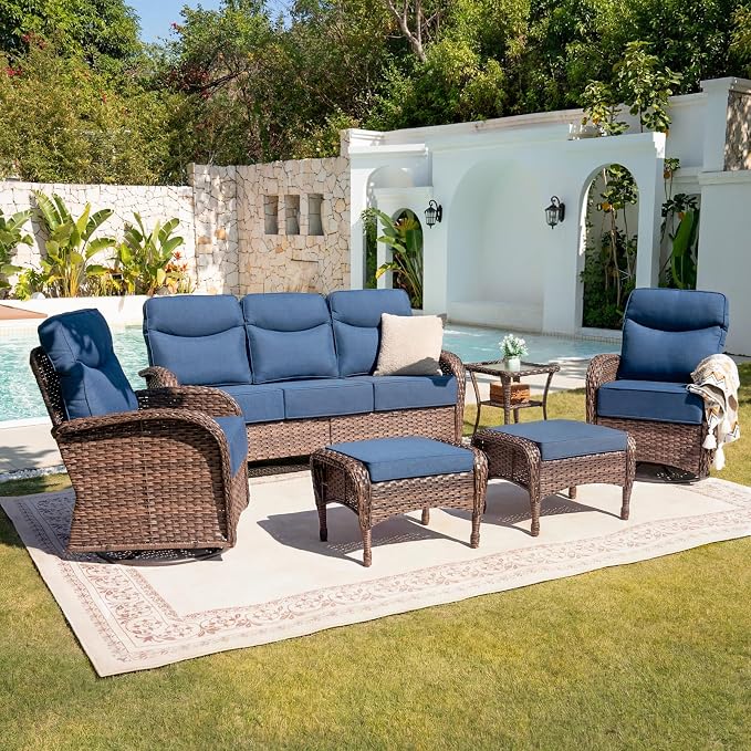 Belord Upgraded 6“ Cushion Luxury 6 Piece Patio Furniture Set - Wicker Couch Outdoor Conversation Set with Swivel Rocker Patio Chairs, Deep Seat Glider Chairs Set for Deck Porch - Brown/Blue