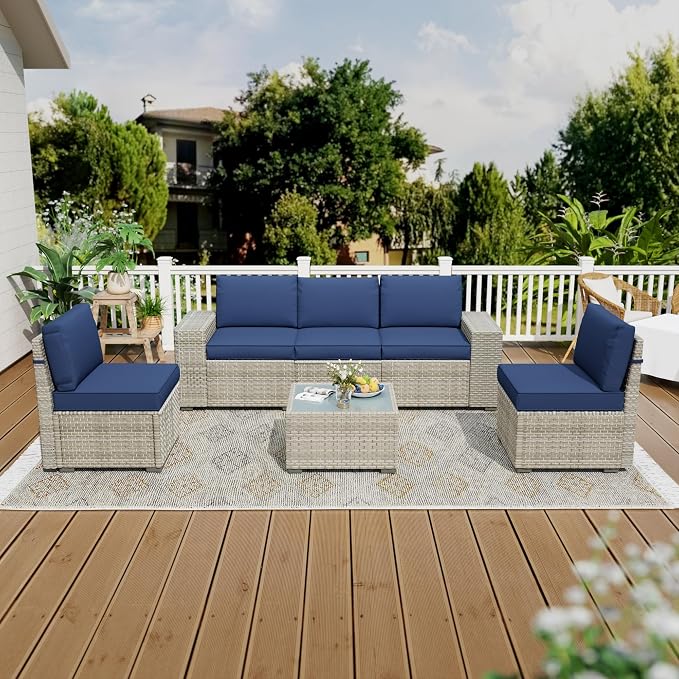 6 Piece Patio Furniture Set, 9.8" Wide Arm Sectional Sofa with Storage Armrests, All-Weather Rattan Outdoor Conversation Set for Garden, Porch, Lawn, Backyard, Balcony, Blue