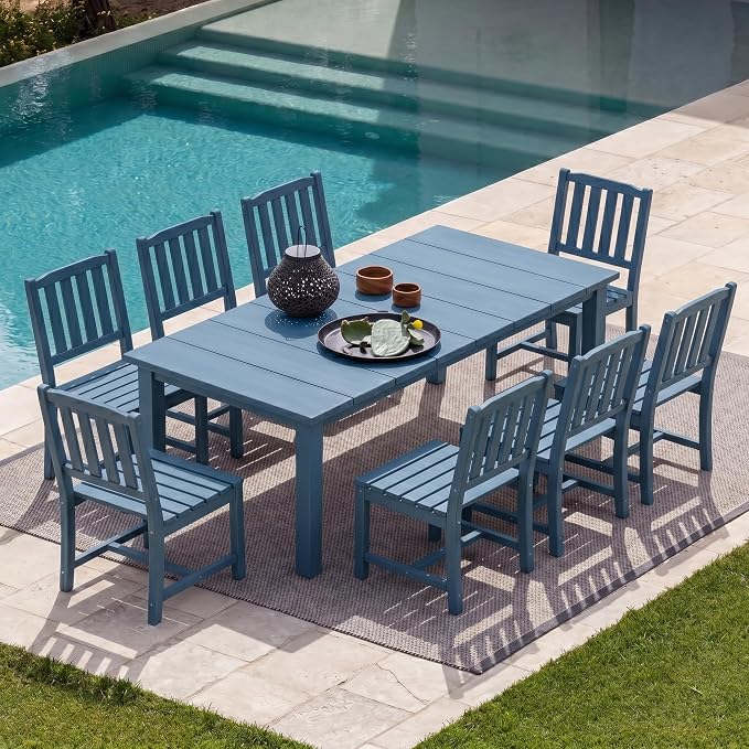 9-Piece HDPE Patio Dining Set for 8, 75.2" Table,Navy Blue | HDPE material, umbrella hole design, weather-resistant patio furniture, perfect for yard, lawn, garden, balcony, deck
